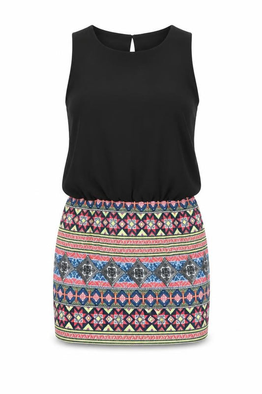 Front view of Unika women’s black geometric rayon t-shirt dress, size M