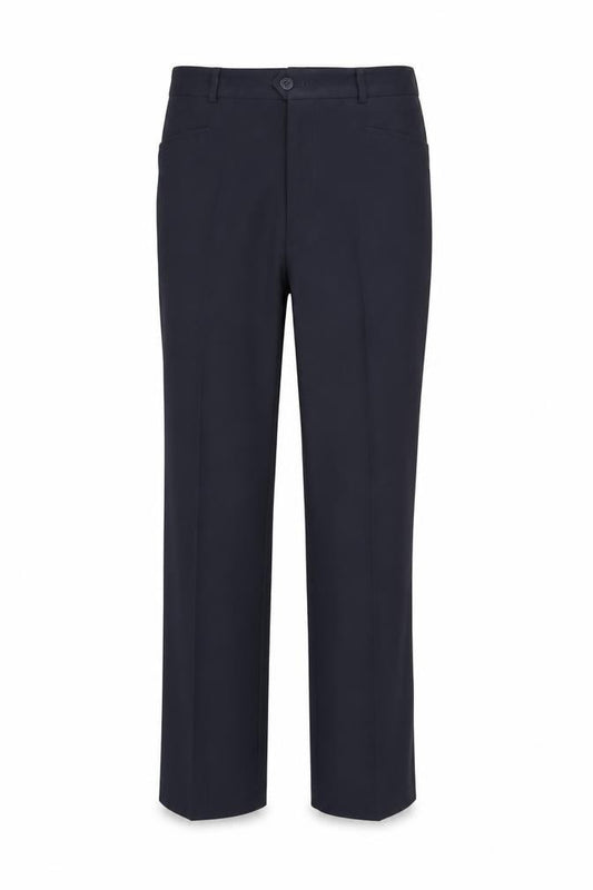 Front view of Oliver Stead men’s blue rayon trousers, 29-inch leg