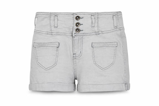 Front view of Bullhead Denim Co. girls’ grey denim cut-off shorts, size 10-11, years