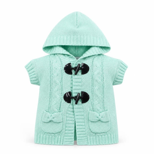 Front view of Little Lass girls’ green jacket, size 3-6, months