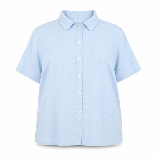 Front view of Direction women’s blue houndstooth basic button-up, size UK 22