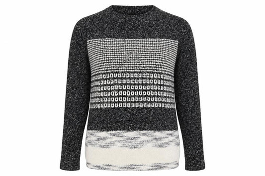 Front view of Papaya women’s grey striped knit jumper, size S
