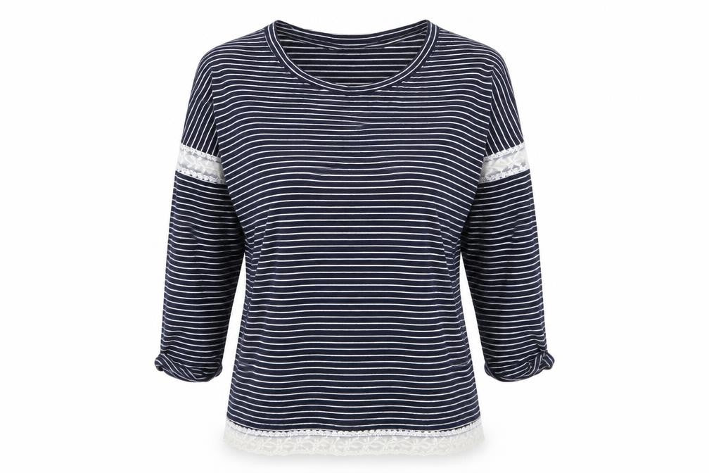 Front view of Atmosphere women’s blue striped jersey basic t-shirt, size UK 10