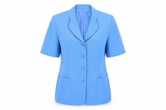 Front view of LUCIA women’s blue jacket blazer, size UK 14