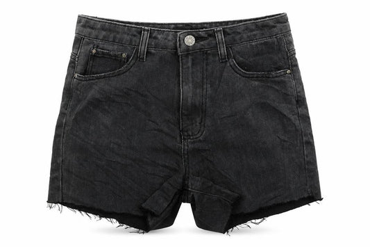 Front view of Momokrom women’s grey denim hot pants shorts, size UK 8