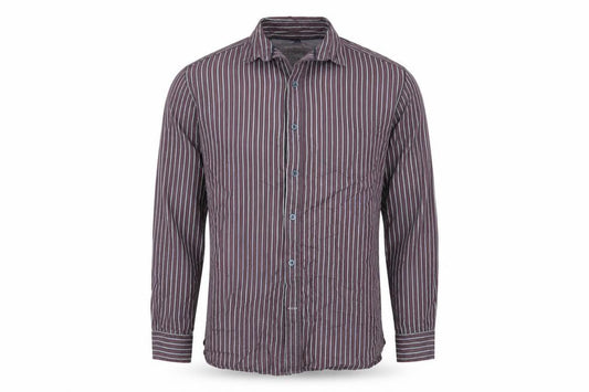 Front view of Boston crew men’s multicoloured striped button-up, size L