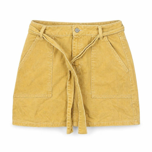 Front view of denim co women’s yellow mini skirt, size UK 8