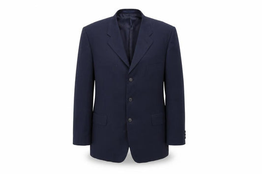 Front view of Essentials men’s blue rayon jacket suit jacket, size 44