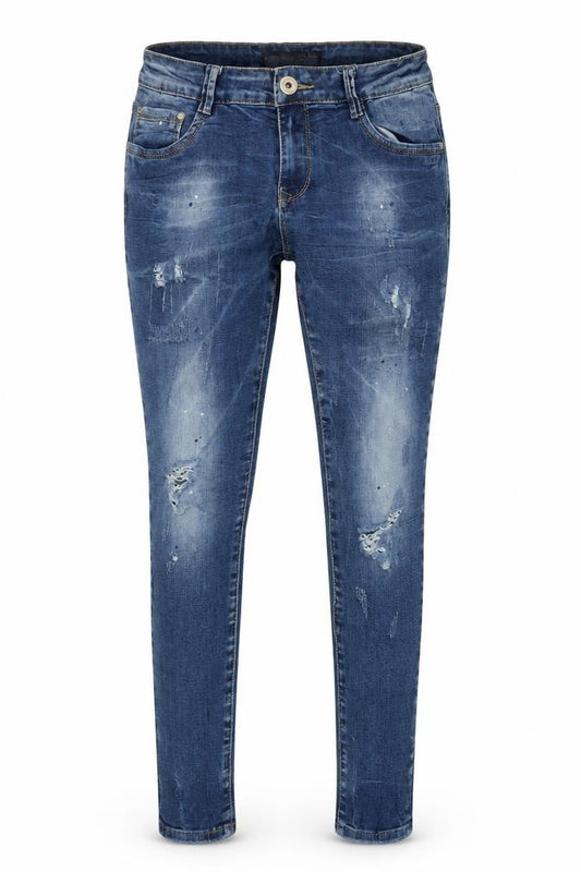 Front view of Kiss Pink women’s blue denim straight jeans, size UK 6, 27.5-inch leg