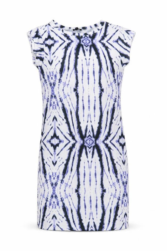 Front view of River Island women’s white geometric t-shirt dress, size UK 8