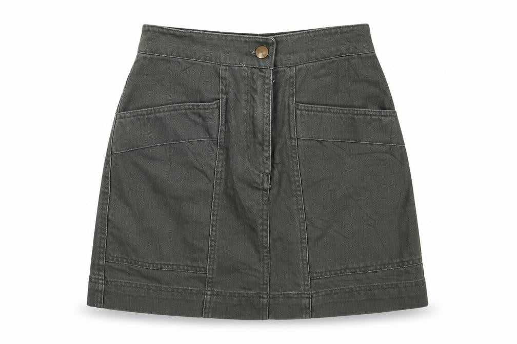 Front view of H&M women’s green denim a-line skirt, size UK 26, in
