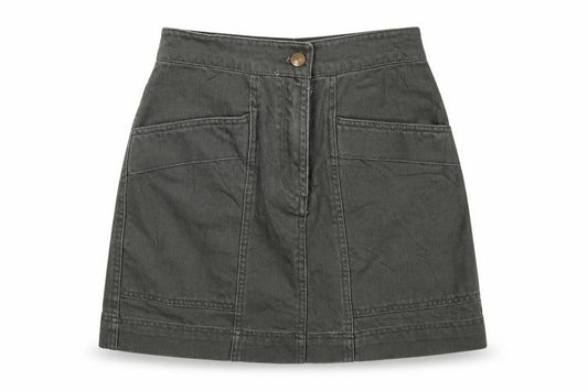 Front view of H&M women’s green denim a-line skirt, size UK 26, in