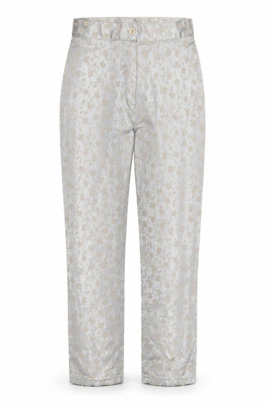 Front view of Preworn women’s silver floral trousers, size UK 26, in, 26-inch leg