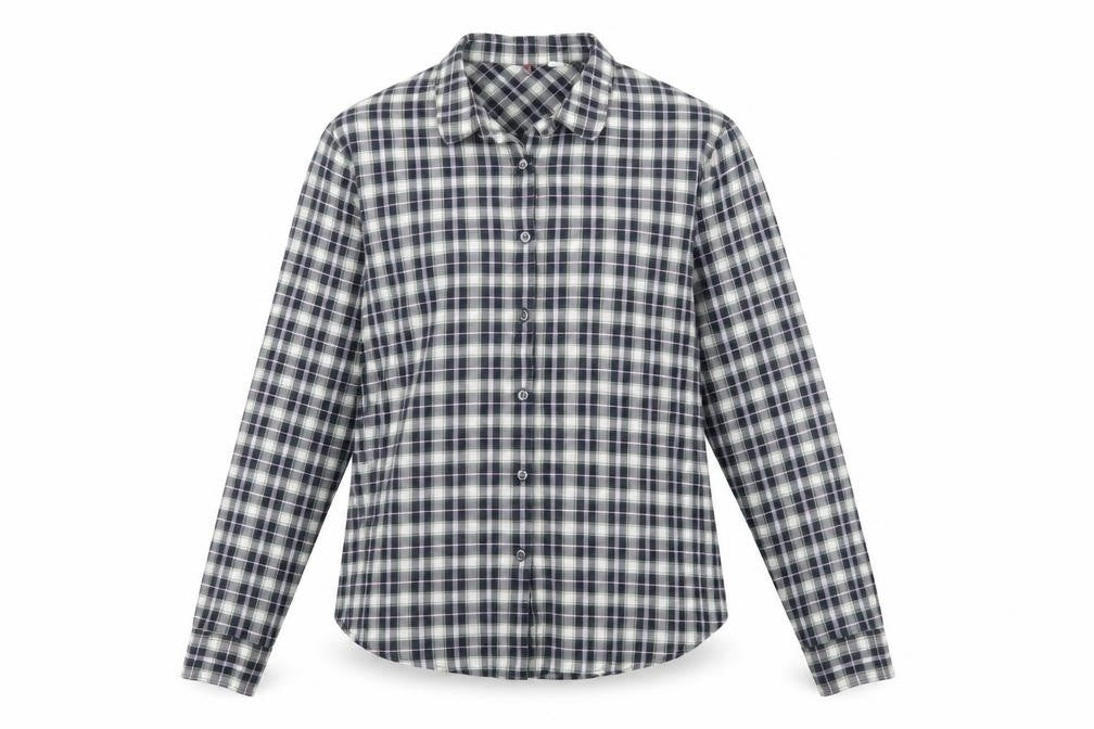 Front view of Preworn women’s blue check basic button-up, size XL