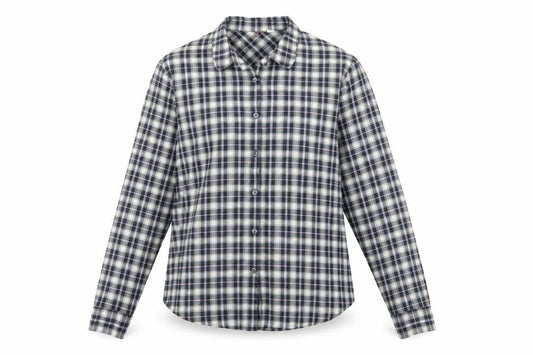Front view of Preworn women’s blue check basic button-up, size XL