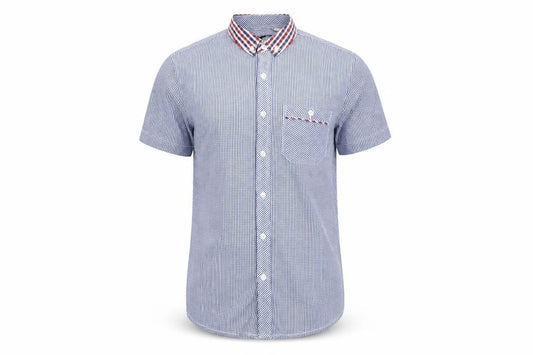 Front view of Twisted Soul men’s blue check button-up, size S