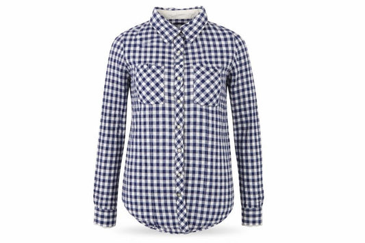 Front view of Gap women’s blue check basic button-up, size XS