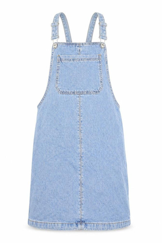 Front view of Topshop women’s blue denim pinafore/dungaree dress, size UK 6