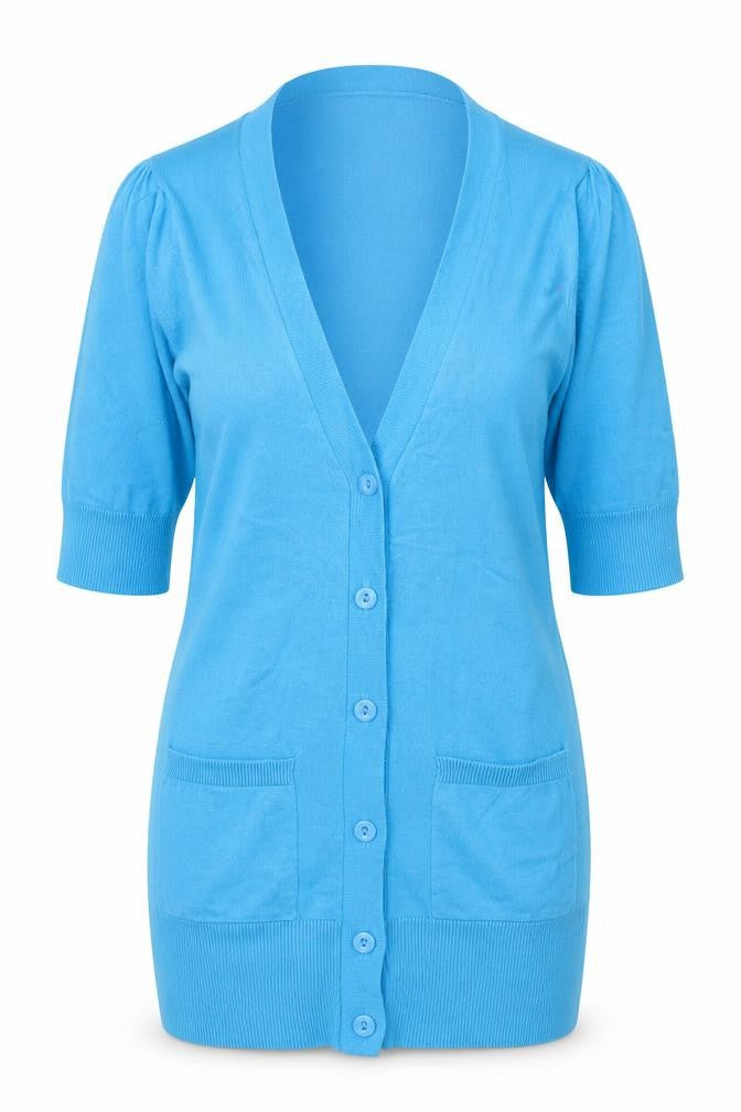 Front view of Atmosphere women’s blue cardigan jumper, size UK 8