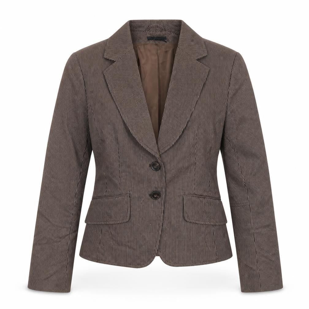 Front view of H&M women’s brown striped jacket suit jacket, size UK 8