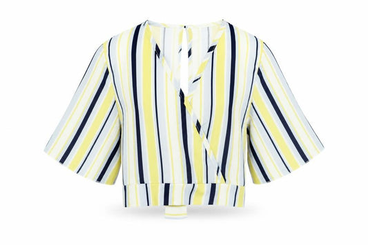 Front view of Quiz women’s multicoloured striped cropped blouse, size UK 10