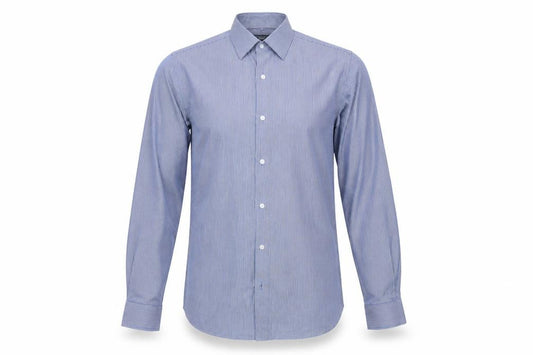 Front view of Limited Collection men’s blue striped button-up, size 14.5