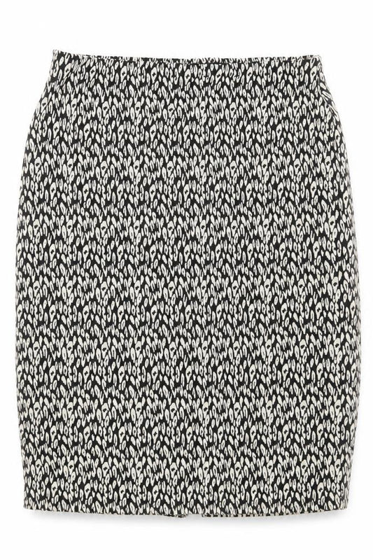 Front view of Marks & Spencer women’s black geometric a-line skirt, size UK 6