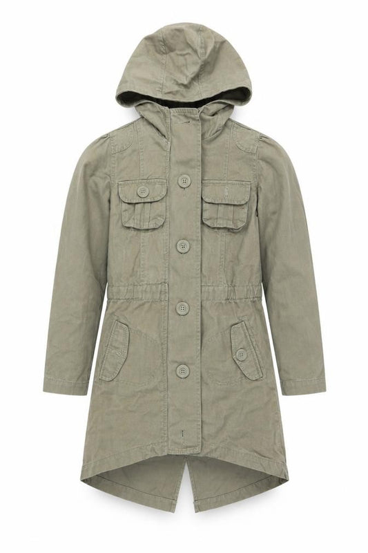Front view of Miss Evie girls’ green parka jacket, size 10-11, years