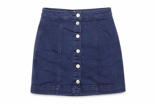 Front view of Boohoo women’s blue denim a-line skirt, size UK 8