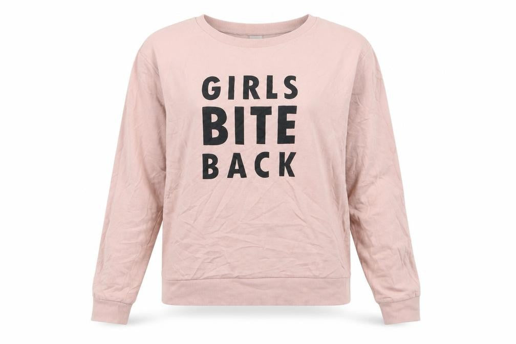 Front view of H&M women’s pink jersey pullover sweatshirt, size M, - girls bite back