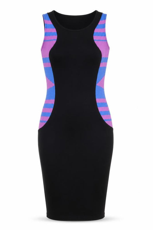 Front view of Love Label women’s black striped shirt dress, size UK 10