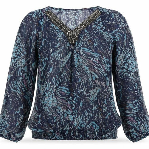 wallies Womens Blue Geometric Chiffon Tunic T-Shirt Size S