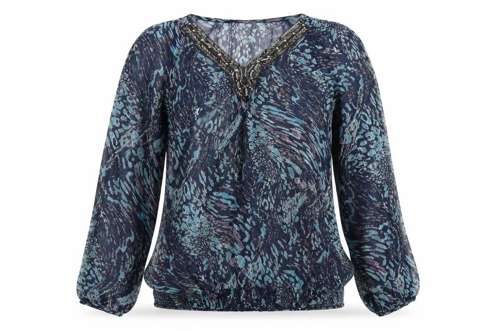 wallies Womens Blue Geometric Chiffon Tunic T-Shirt Size S