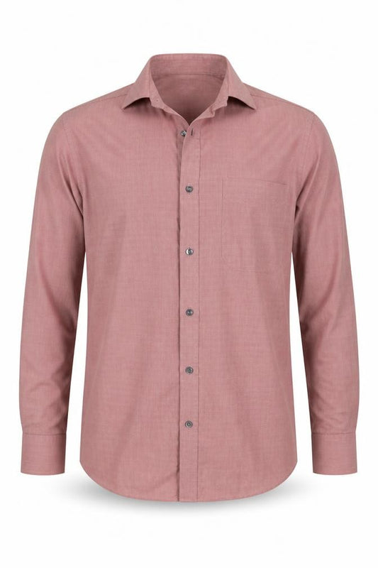 Front view of easy care men’s pink button-up, size 15.5