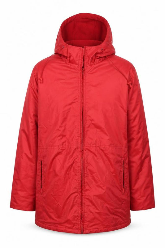 Front view of Roman Originals men’s red microfibre parka coat, size S