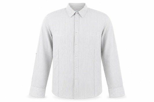 Front view of Topman men’s white striped button-up, size L