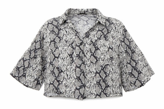 Front view of Bershka women’s multicoloured animal print cropped button-up, size M