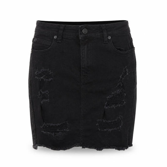 Front view of New Look women’s black mini skirt, size UK 8, - distressed