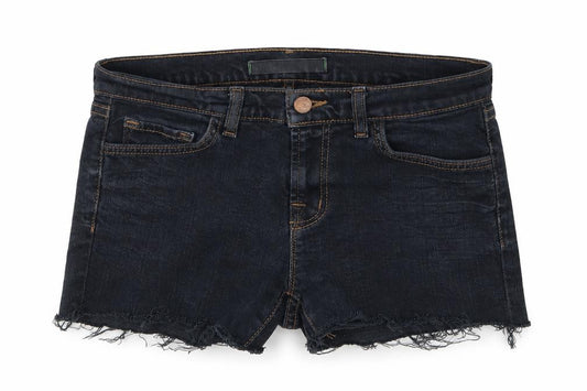 Front view of Preworn women’s blue denim hot pants shorts, size UK 30, in