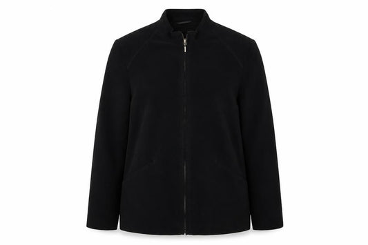 Front view of EWM women’s black velour jacket, size UK 12