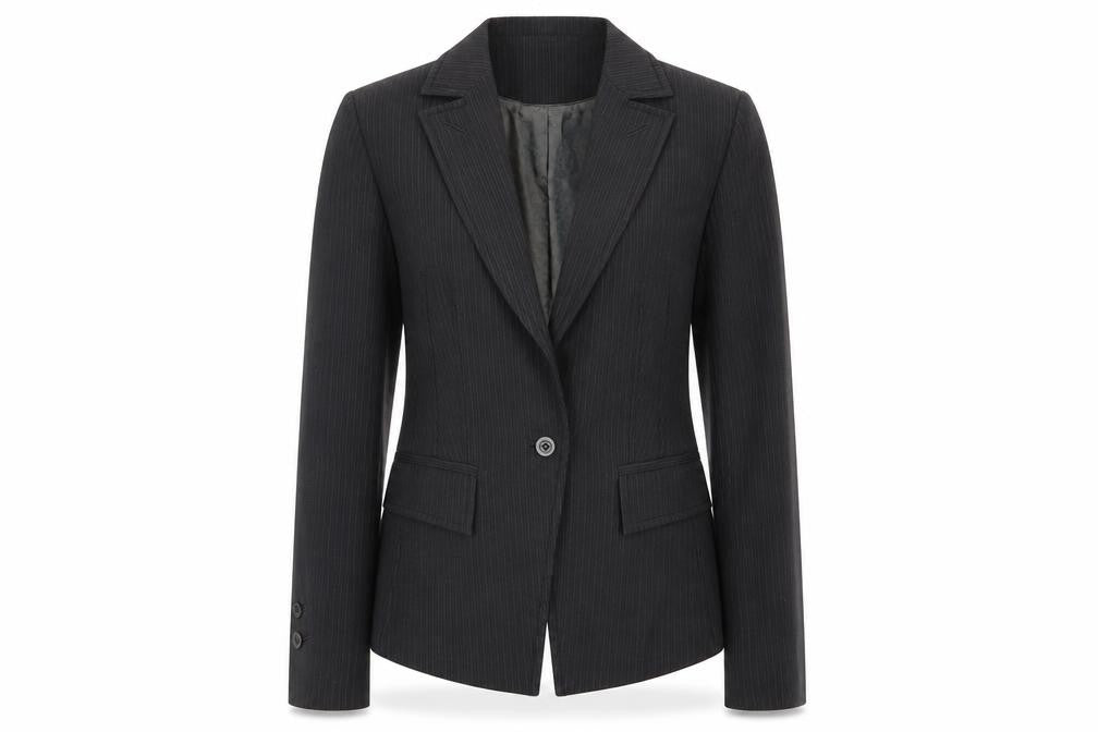 Front view of Next women’s grey striped jacket suit jacket, size UK 12