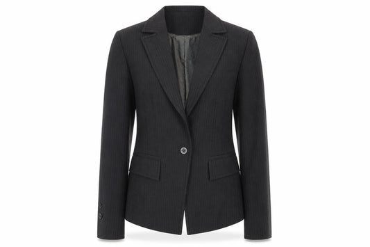 Front view of Next women’s grey striped jacket suit jacket, size UK 12