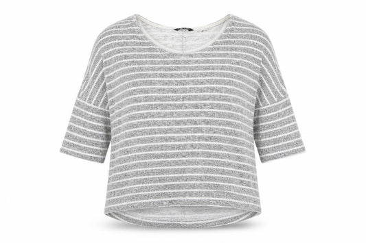 Front view of Select women’s grey striped knit jumper, size UK 12