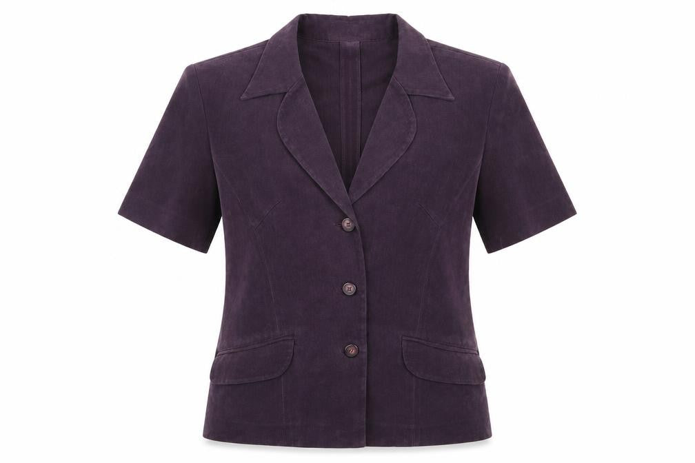 Front view of Perks women’s purple jacket, size UK 8