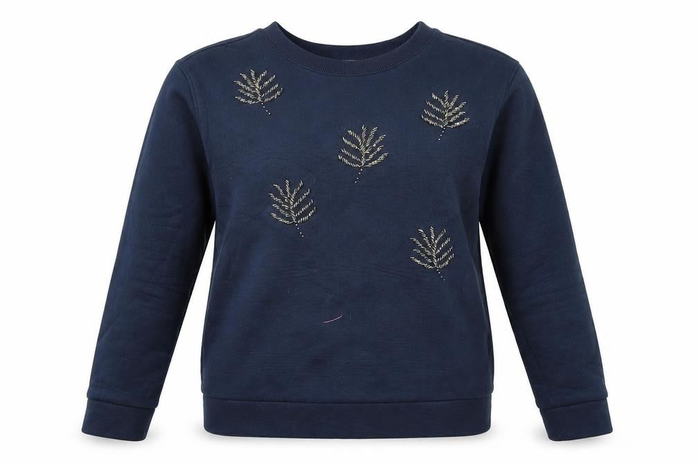 Front view of H&M women’s blue pullover sweatshirt, size S