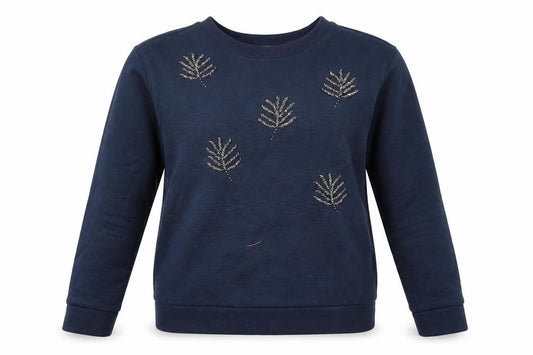 Front view of H&M women’s blue pullover sweatshirt, size S