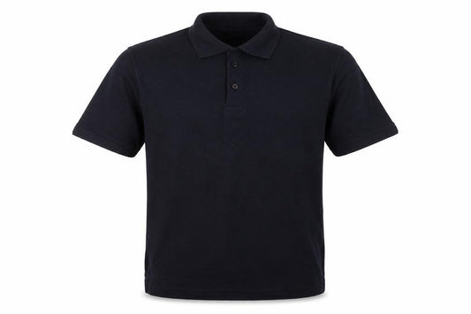 Front view of Ride & groom men’s blue polo, size S