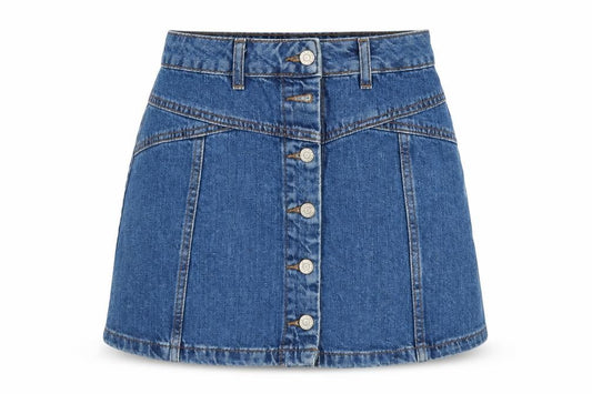 Front view of Topshop women’s blue skater skirt, size UK 8