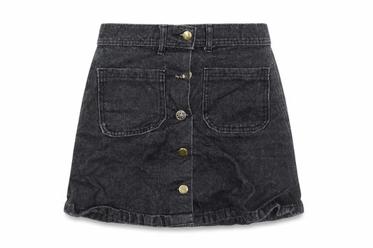 Front view of Preworn women’s black a-line skirt, size UK 8