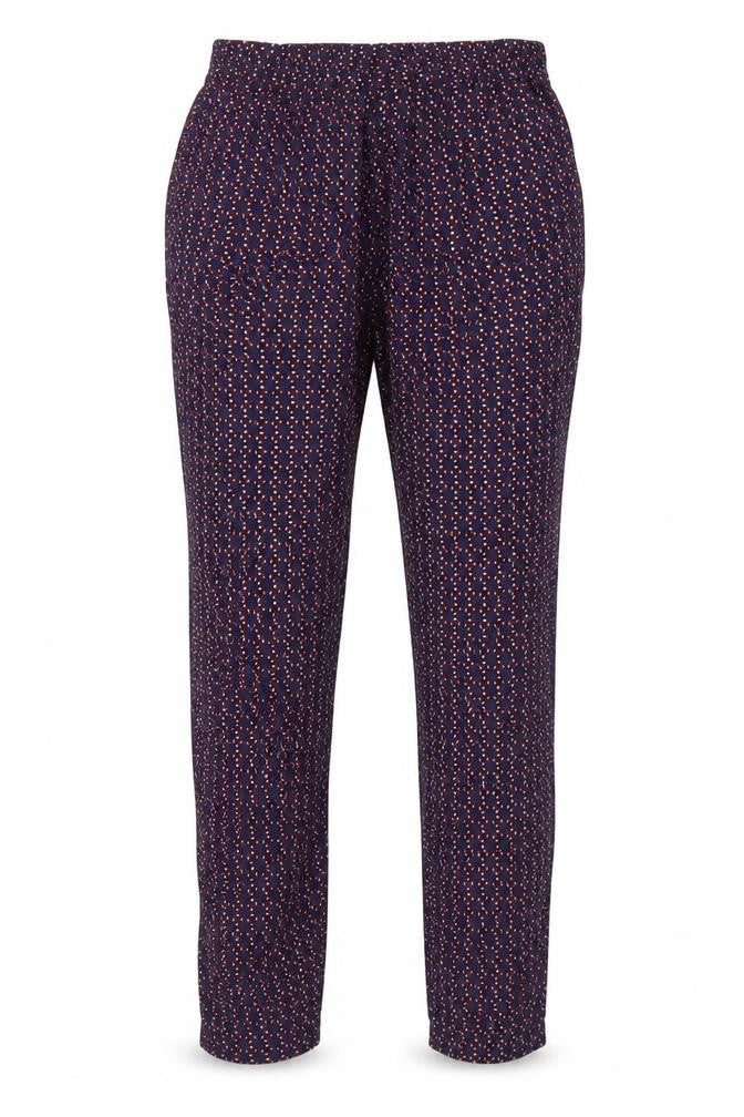 Front view of Next women’s blue argyle/diamond chino trousers, size UK 10, 28-inch leg